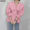 VONDA Women Casual Lapel Neck Solid Color Irregular Loose 3/4 Sleeve Blouse