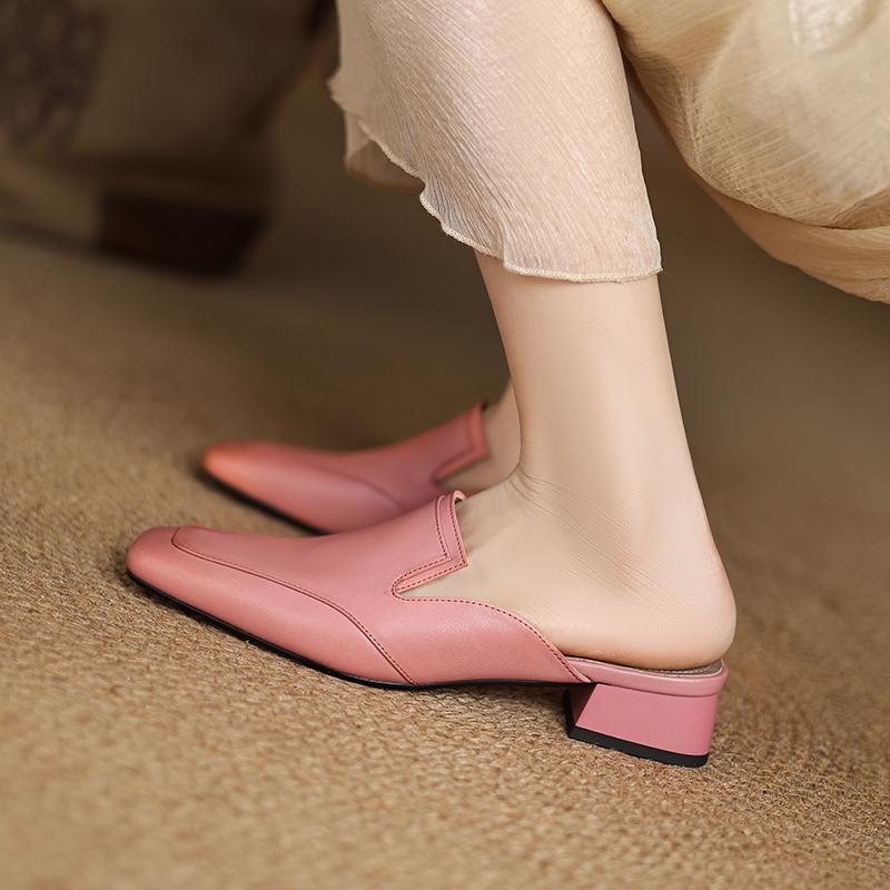 Fashion 2025 Summer Women Shoes Genuine Leather Square Toe Women Sandals Solid Modern Sandals for Women Chunky Heel Women's Mules Shoes