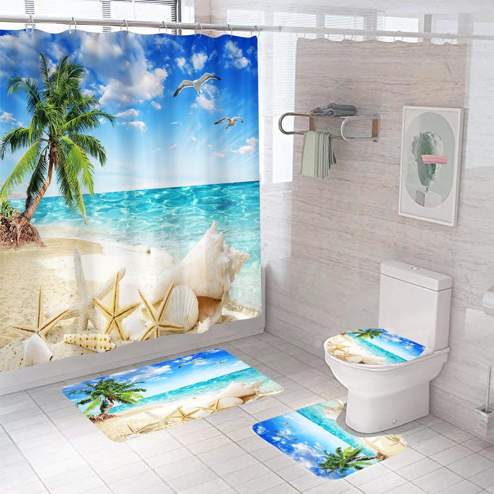 Bathroom Shower Curtain Four-piece Digital Printing Beach Shell Waterproof Shower Curtain Shower Curtain Partition Curtain Bath Mat