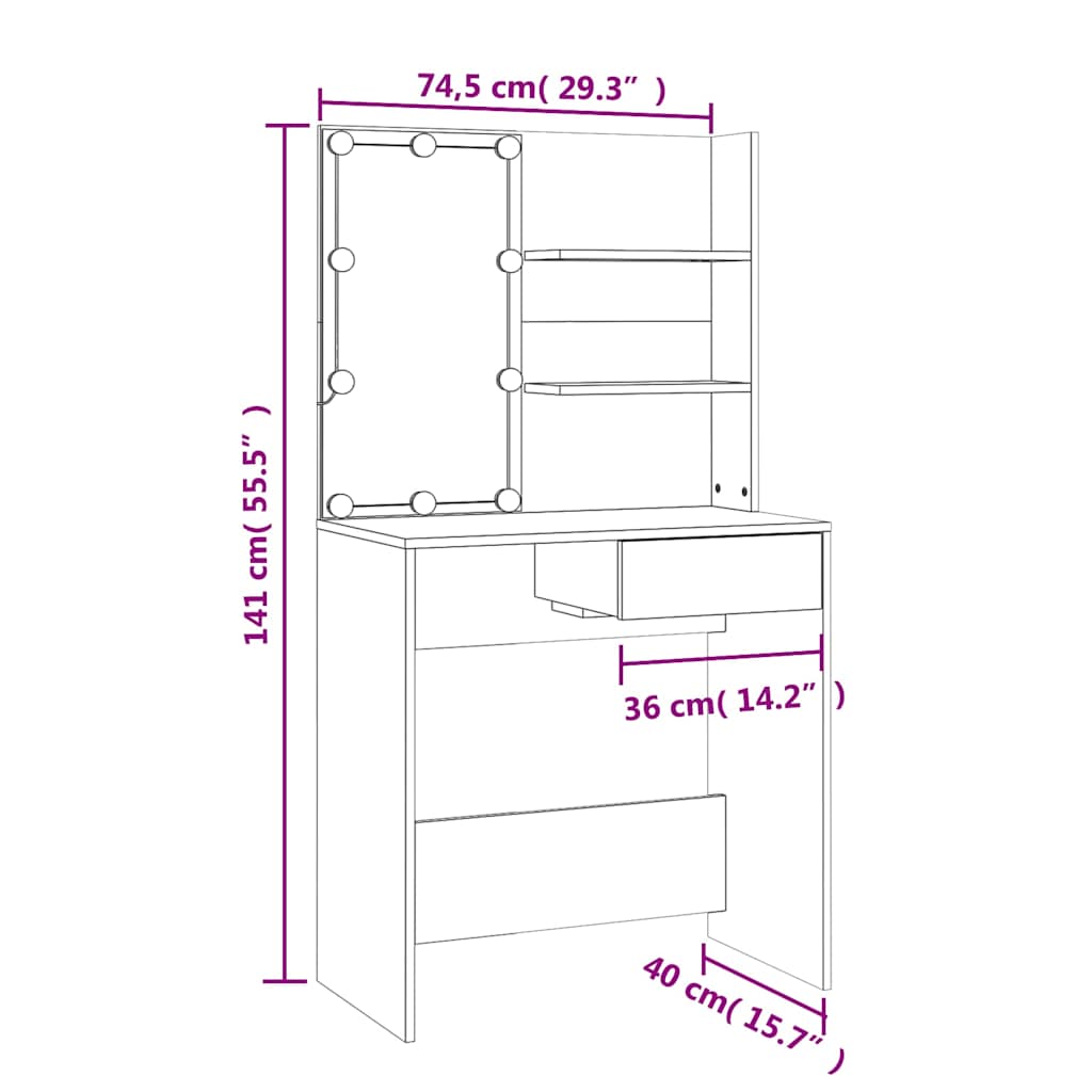 Makeup Vanity with LED Lights Sonoma Oak Finish 74.5 x 40 x 141 cm Engineered Wood