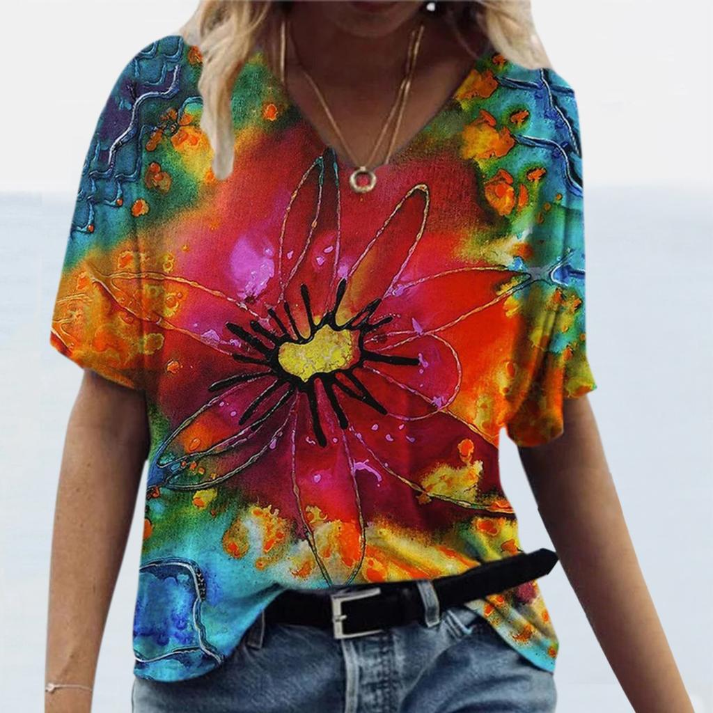 Women Floral  Print V-Neck Short-Sleeved Top T-Shirt