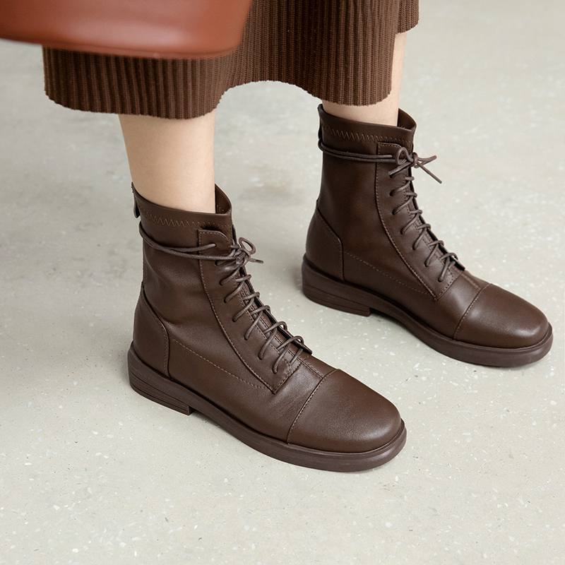 Krazing Pot Skórzane buty zimowe z okrągłym noskiem, grube, niskie obcasy, motocyklowe, damskie, sznurowane, duży rozmiar 43, botki