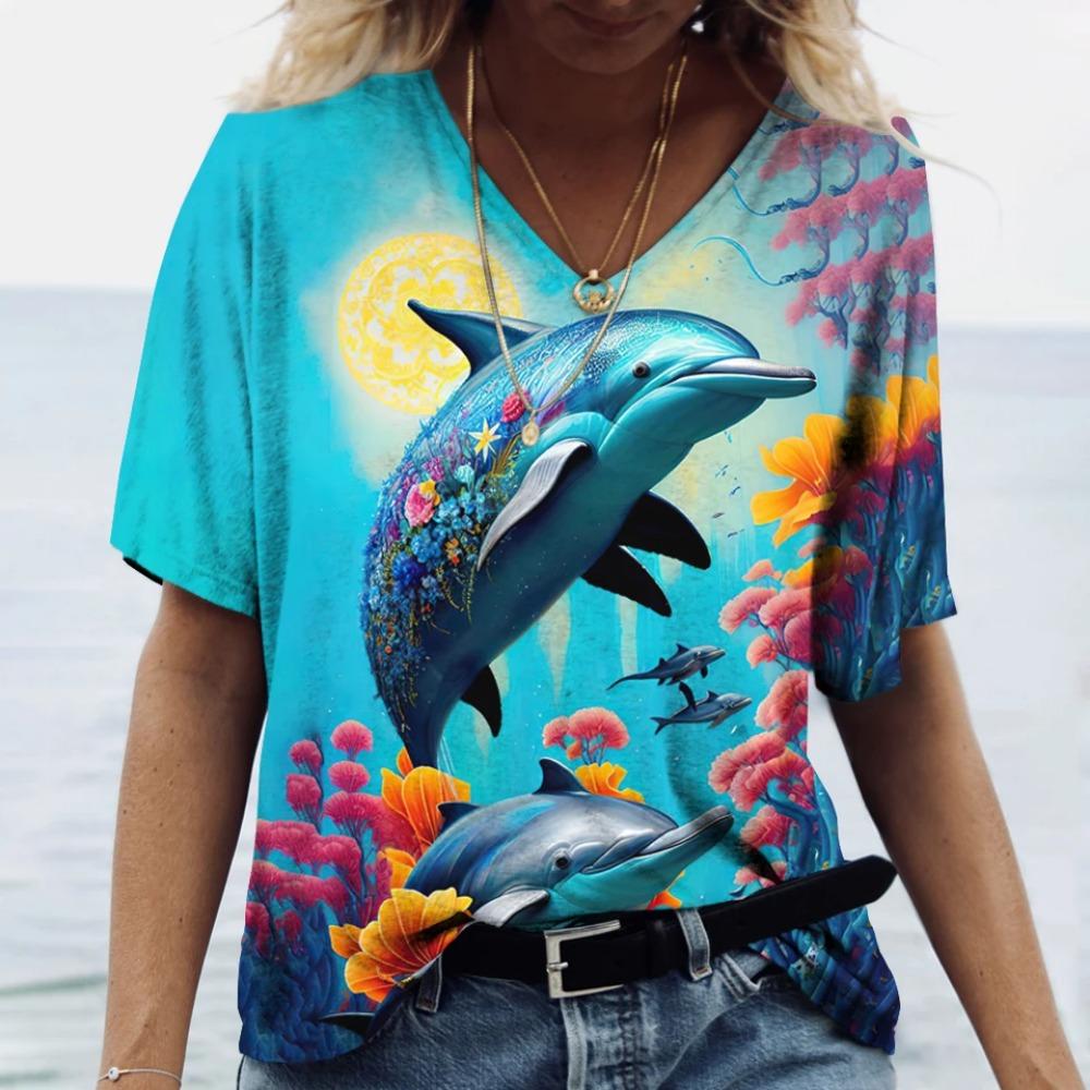 2026 New 3D Printed Women's Dolphin Printed T-shirt V-neck Top Retro Aesthetic Clothing Loose Fun Fashion Novelty T-shirt
