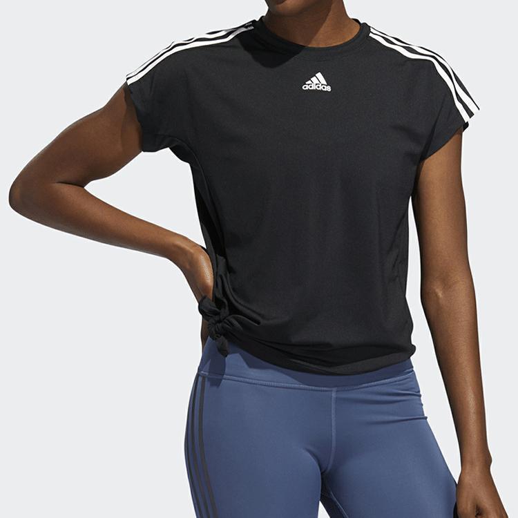 adidas Logo Print Three-Stripe Crew Neck Short Sleeve T-Shirt Women Tops Black EB4505