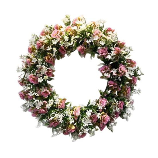 Wreath Hanger Artificial Rose And Camellia Wreath Hanger for Door Wall Fireplace Decoration Handmade Realistic Spring Floral Wreath Home Decor Rose