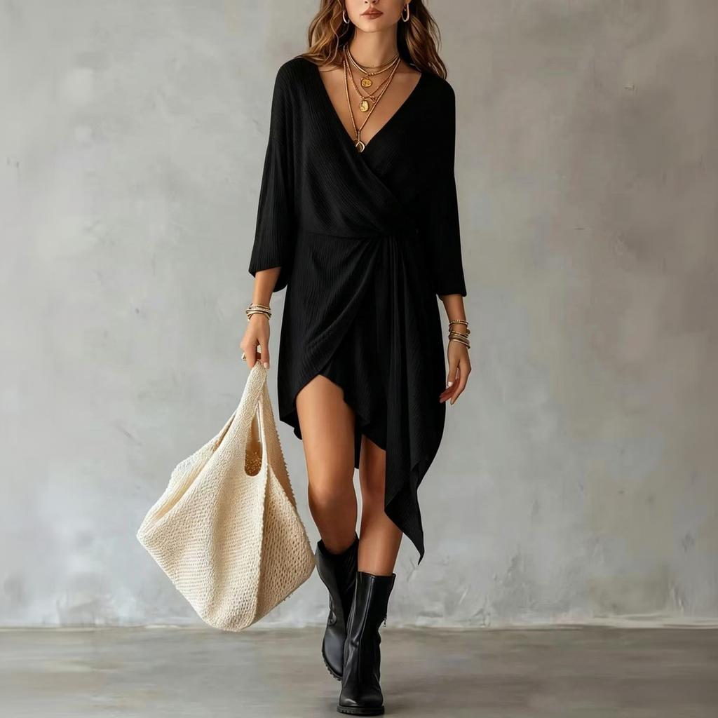 Women's Loose Fit Wrap V-Neck Knit Short Dress with Three-Quarter Sleeves and Irregular Hem