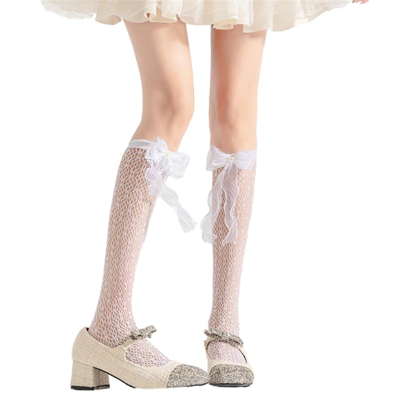 Japanese Style Fishnet Patterned Long Tube Socks for Women Girls Cute Pearl Bowknot Hollowed Out Mesh Over Calf Socks