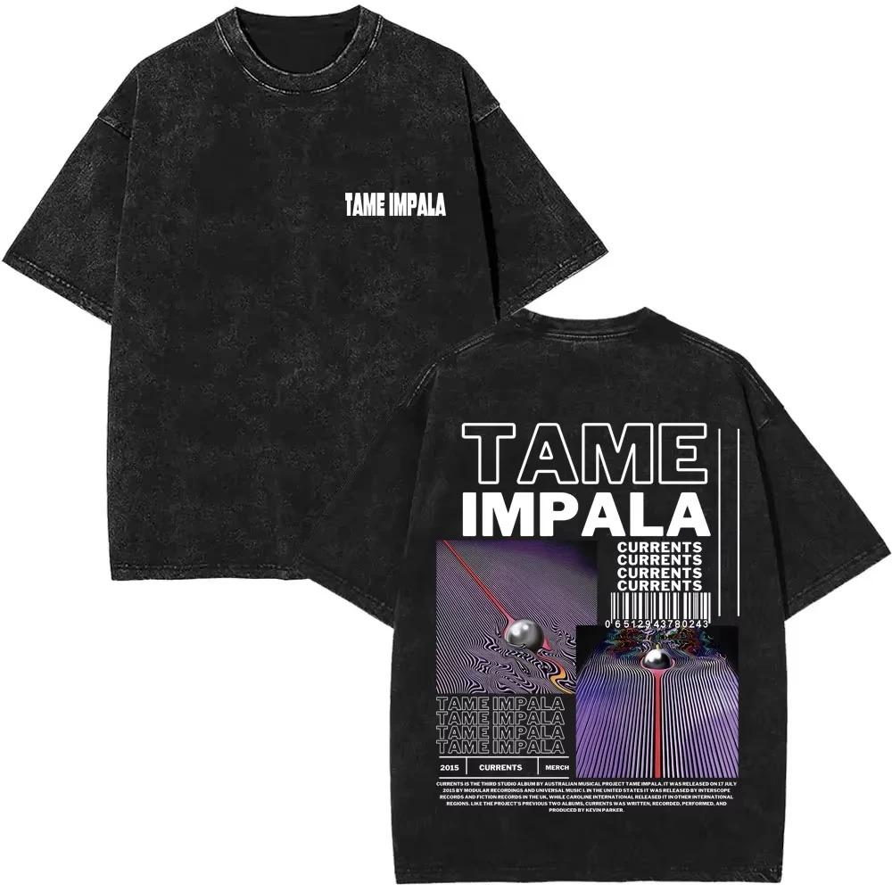 T-shirt Nera Oversize Lavata Vintage "Copertina Album Currents" dei Tame Impala | Maglietta Streetwear Unisex per Fan del Rock Psichedelico