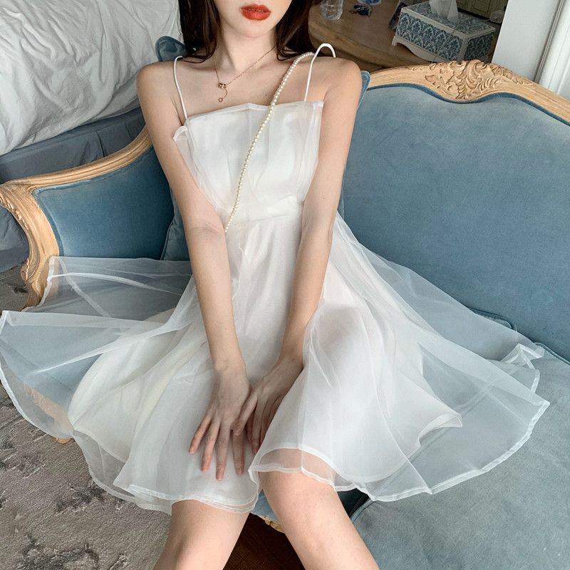 Sweet and Super Fairy Mesh Dress Women's Sleeveless Ruffle Mesh Camisole Dress High Waist A Line Short Mini Skirt Suitable for Parties Vacations