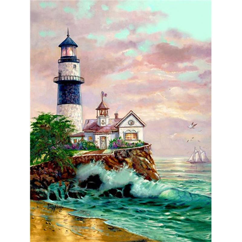5D Diamond Painting Lighthouse Cross Stitch Kit Full Drill Round Embroidery Landscape Mosaic Picture of Rhinestones Home Decor