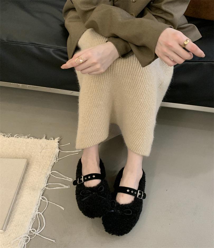 2025 autumn and winter comfortable versatile bow cotton shoes round head one-word buckle casual fluffy shoes