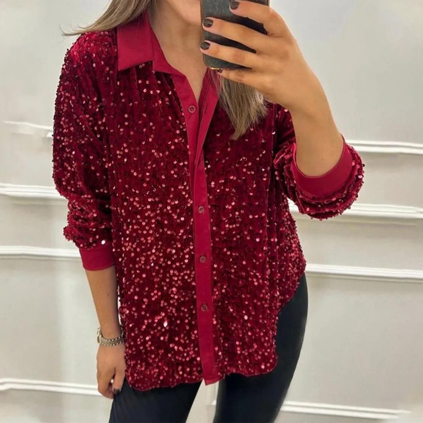 

Женская модная однотонная рубашка с длинным рукавом и воротником на пуговицах с блестками XXXL