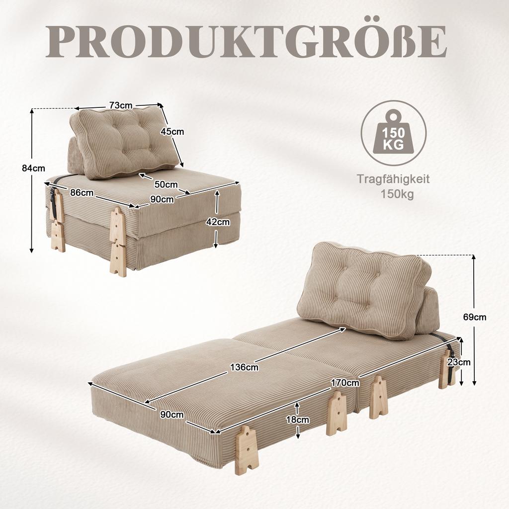 A Comfortable Armchair Made of Corduroy – a Fold-out Sofa Bed with Wooden Legs, Ideal for Small Apartments and Bedrooms (Khaki-colored Corduroy)