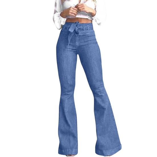 Women Jeans High Stretch Wide-Leg Pants Lace-up Button Zipper Fly