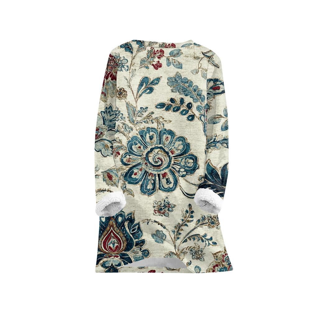 Haut pull-over chaud en peluche à manches longues et col rond imprimé tendance pour femmes