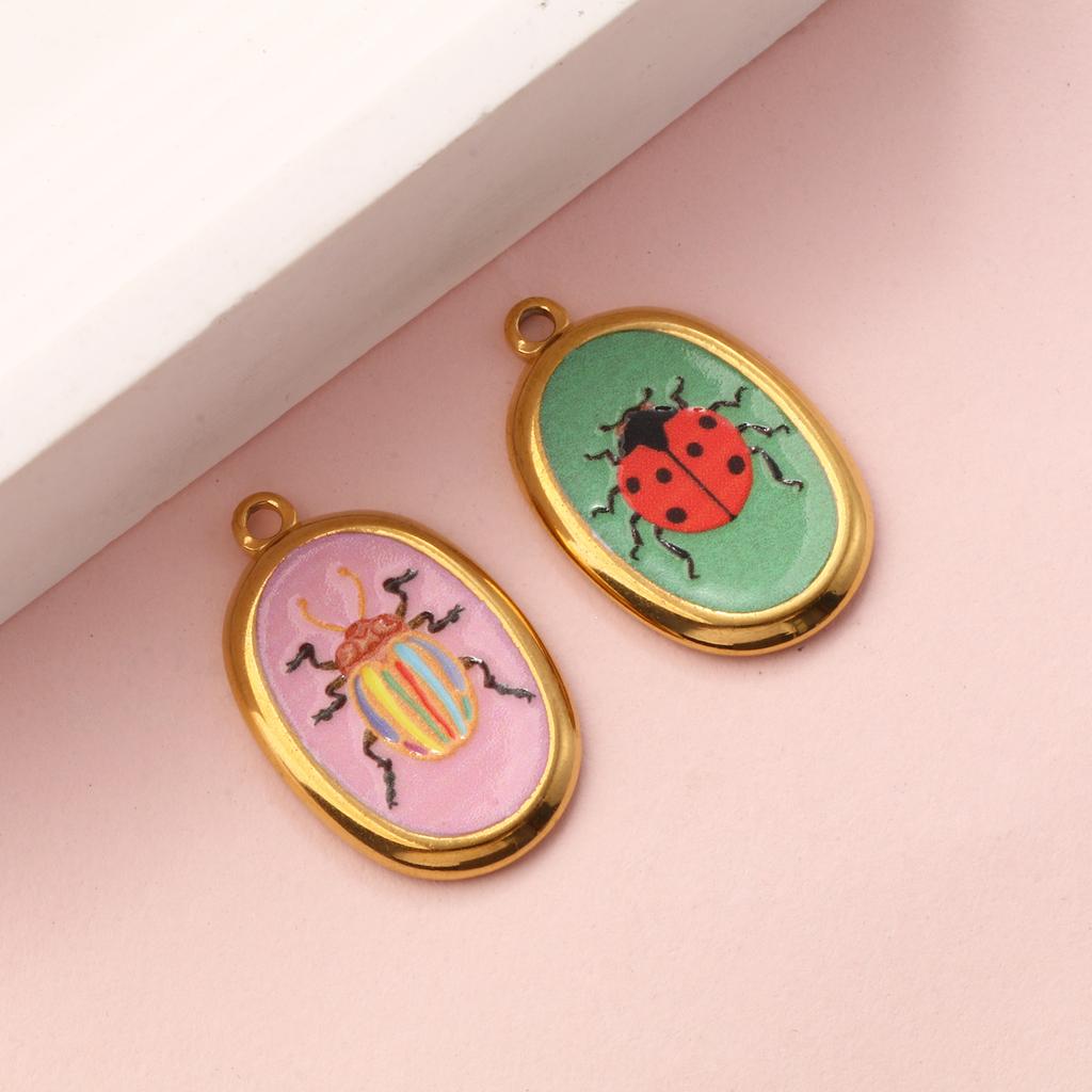 2PCs Creative 304 Stainless Steel Insect Charms For Jewelry Making 18K Gold Plated Oval Ladybug Necklace Pendant 28mm X 17.5mm