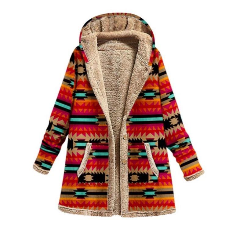 Hooded Jacket Women Plus Size Loose Long Coat Warm Fleece Retro Printed Outwear Pockets