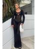European & American Knit Hollow Long Sleeve Sexy Dress Beach Cover-up Hoodie Cardigan Bikini Outerwear