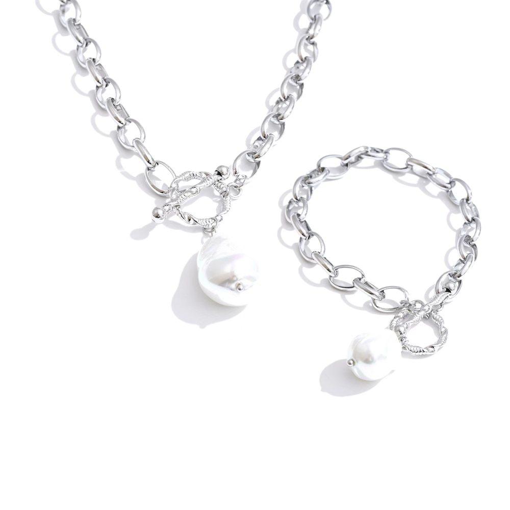 Yhpup Stainless Steel Baroque Imitation Pearls Pendant Necklace Bracelet Bangle Toggle-Clasps Fashion High Quality Chain Jewelry