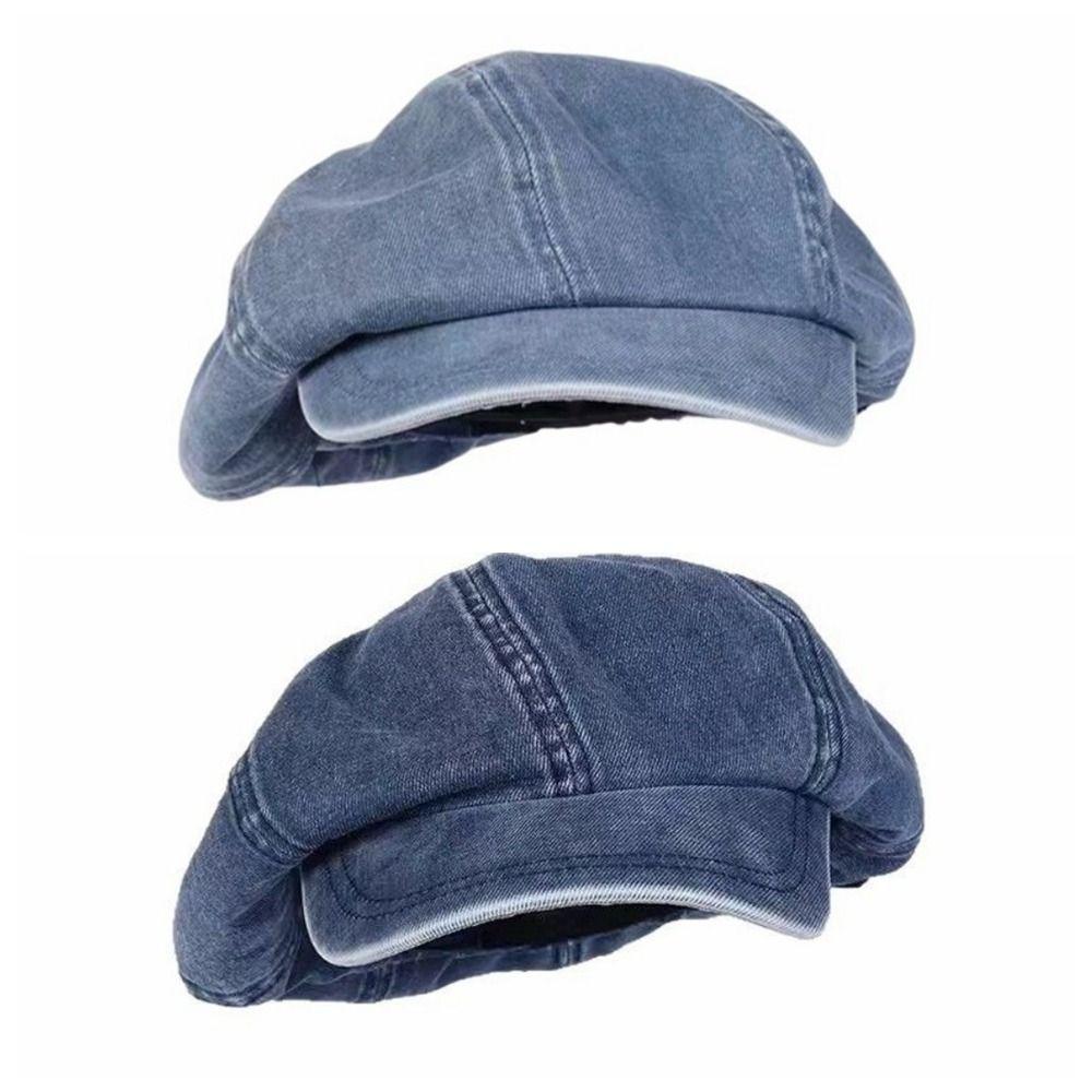 Washed Cloth Denim Octagonal Hat Head Circumference Cloud Hat Casual Denim Beret  Girl