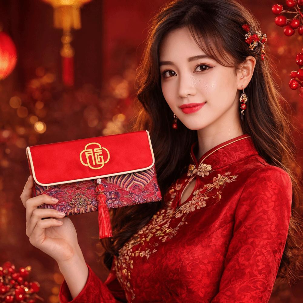 Embroidery Hongbao Blessing Words New Year Red Pockets Large Capacity Brocade Red Envelop  Wedding