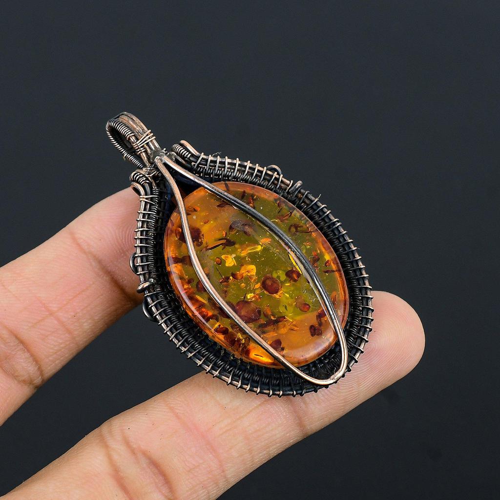 Baltic Amber Pendant, 999 Copper Wire Wrapped Gemstone Jewelry, Handmade Pendant For Mother Day