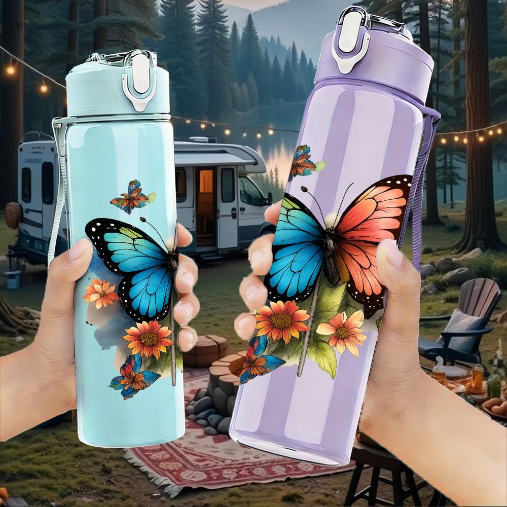 1PC Colorful Butterfly Art 750ml Color Plastic Sports Water Bottle Leakproof Flip Straw Lid Suitable for Sports Office Home Use