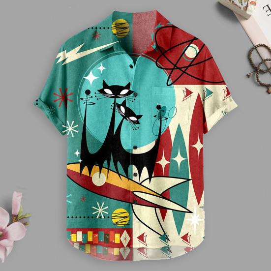Men Beach Shirt 3D Cartoon Print Color Matching Short Sleeves Single-breasted Cardigan Beachwear Loose Turn-down Collar Summer Vacation Shirt