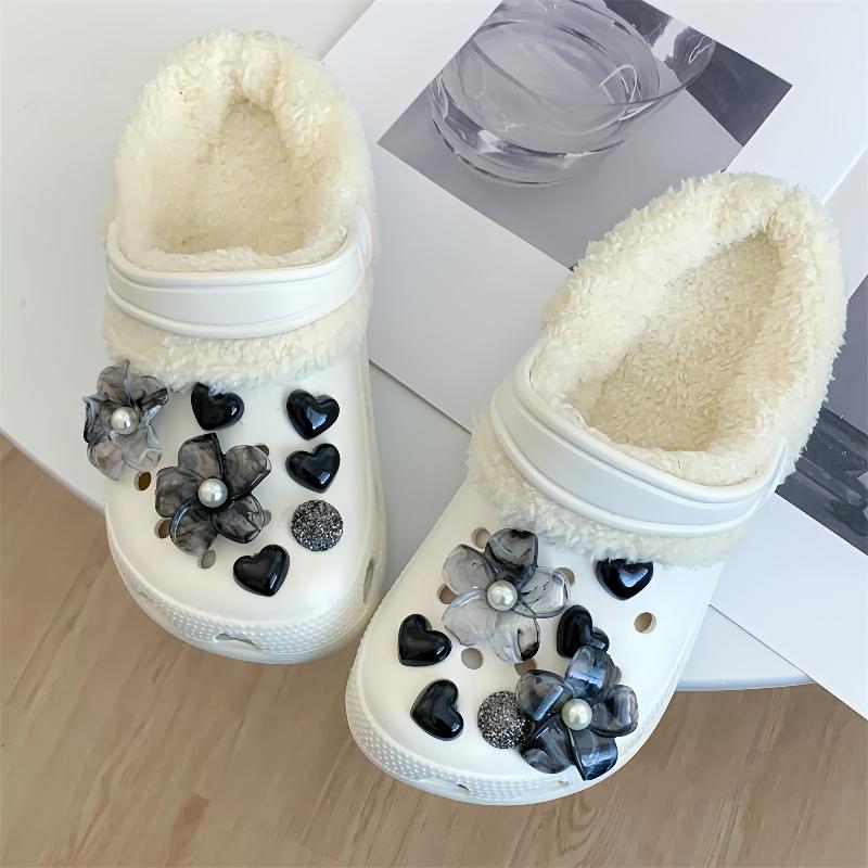 Rhinestone Detachable Shoe Charms 14Pcs Black Ink Flower Heart Design DIY Decor for Clogs Backpacks Daily Use