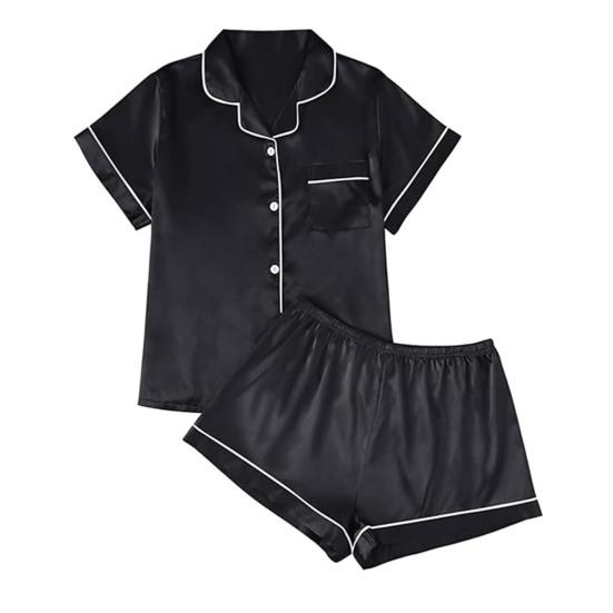 2 st/set Pyjamasset i imitationssilke Revers Kortärm Knappslå Skjorta Elastisk midja Shortsset Sommar Sval Sovkläder