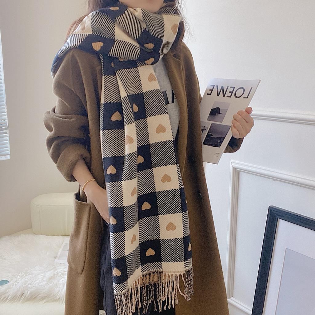 Love Plaid Long Beard Tassel Shawl Autumn and Winter Versatile Imitation Cashmere Scarf Women's Korean Style Scarf