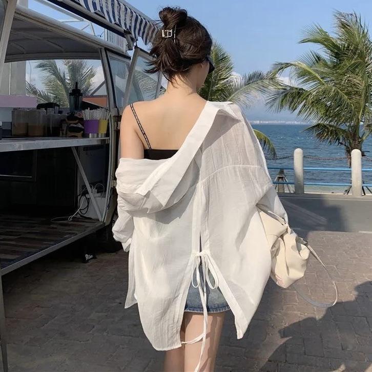 Women's Korean Style Backless Sun Protection Cardigan - Long Sleeve, Lightweight, Loose-Fit for Spring & Summer.
