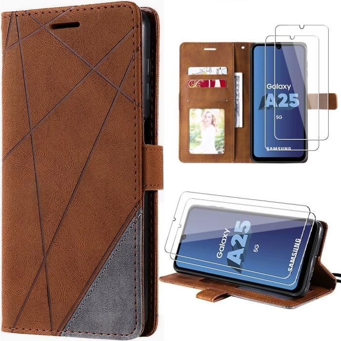 Coque de protection - BOOLING - pour Samsung Galaxy A25 5G - Marron - Effet Cuir Rétro - Antichoc avec Poche à Cartes