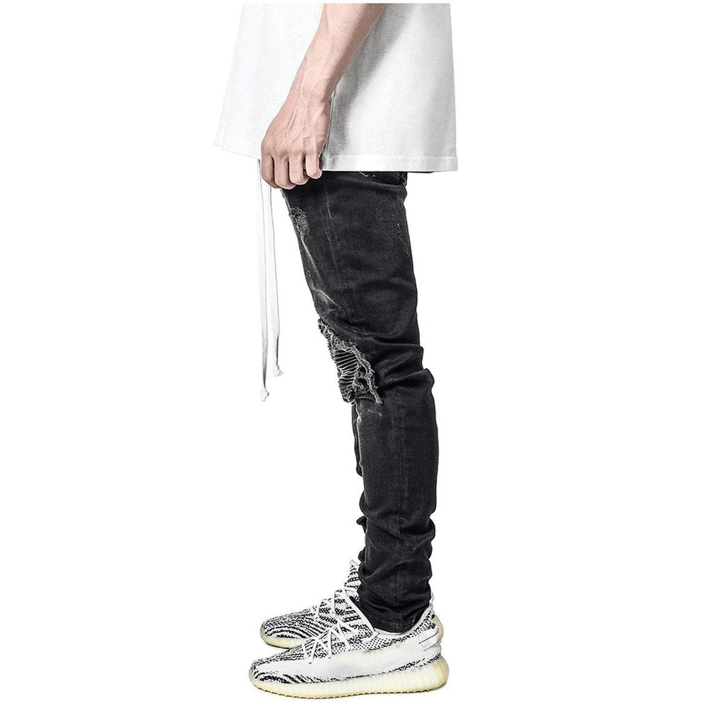 Trendy Men's European Stretch Motorcycle Black Ripped Denim Jeans