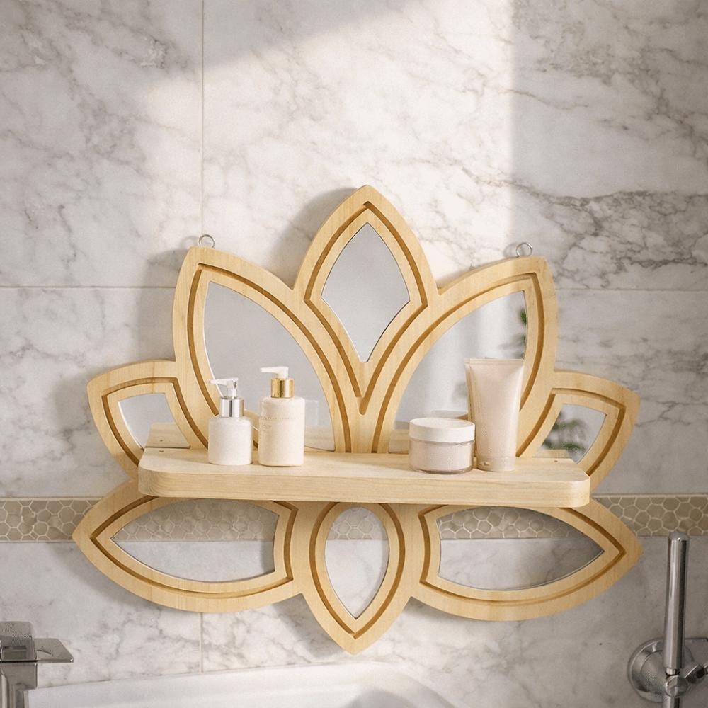 Creative Wooden Lotus Floating Shelf with Mirror Decorative Display Wall Shelf Detachable Crystal Display Rack Bedroom