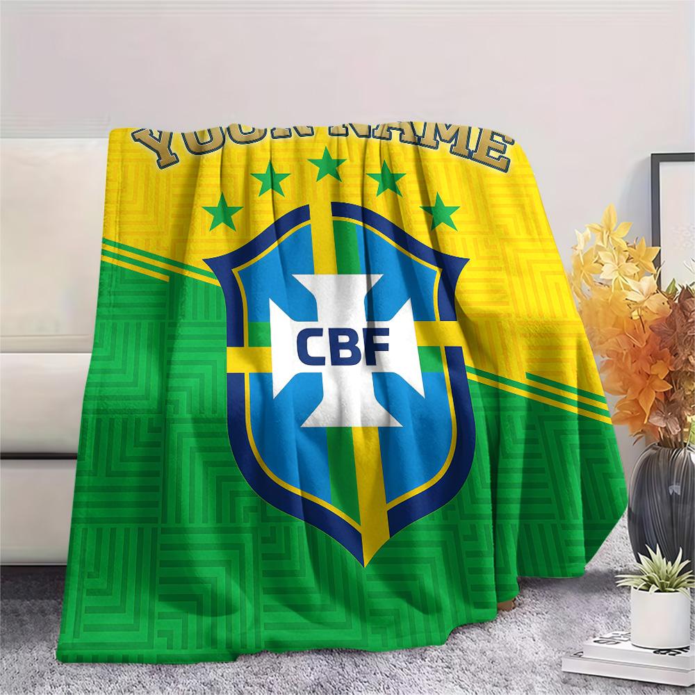 Custom Name Brazil Football Confederation Flannel Blanket, High quality Comfortable for All Seasons, Home Decor, Warmth and Comfort