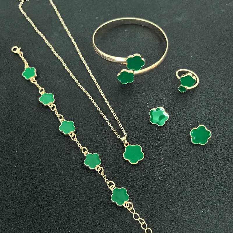 European Elegance: Five-Petal Flower Jewelry Set (Necklace, Bracelet, Bangle, Earrings, Ring)