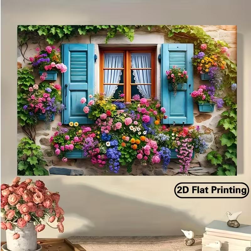2D Blumenfenster Kulisse, Rustikales Steinhaus mit Weinranken Fotografie Hintergrund für Alle Anlässe