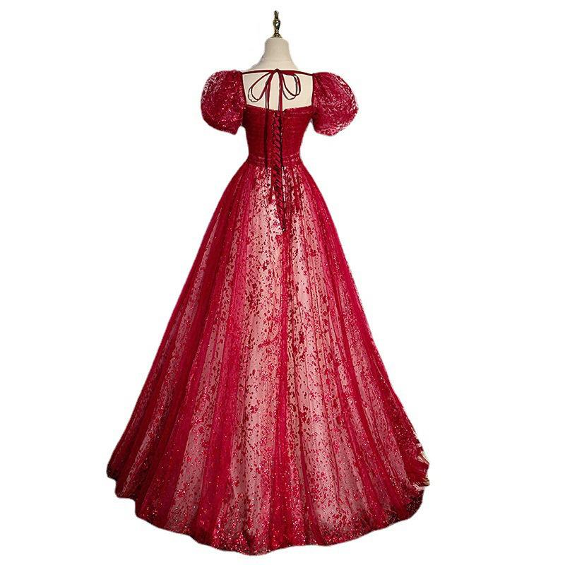 Burgundy toasting suit 1011 new fashionable foreign style long banquet temperament dignified high waist bubble sleeve evening dress