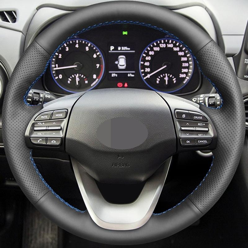 Hand-stitched Artificial Leather Steering Wheel Cover Black DIY Car Steering Wheel Covers for Hyundai Kona 2017 -