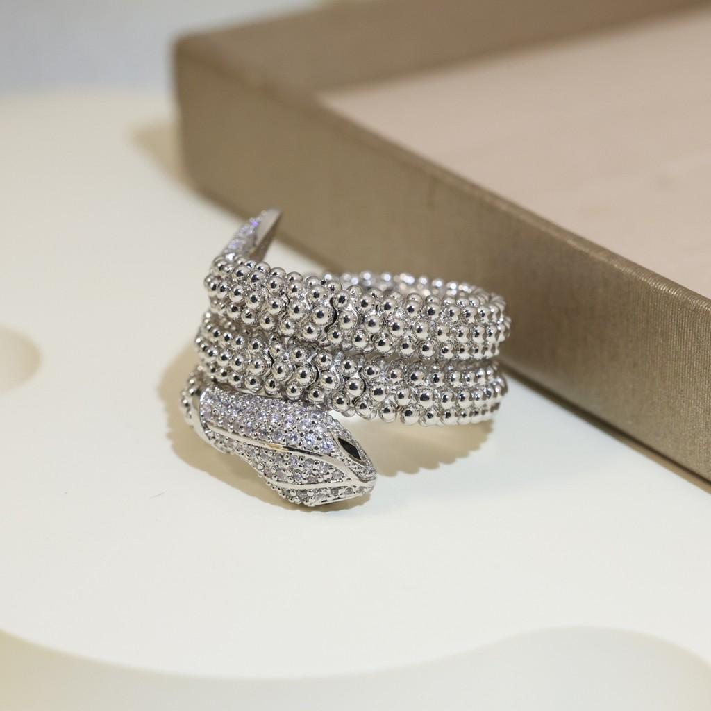 Diamond Studded Snake Ring with Scales and Dense Diamond Inlay 18k White Floral Ring Open In One Size