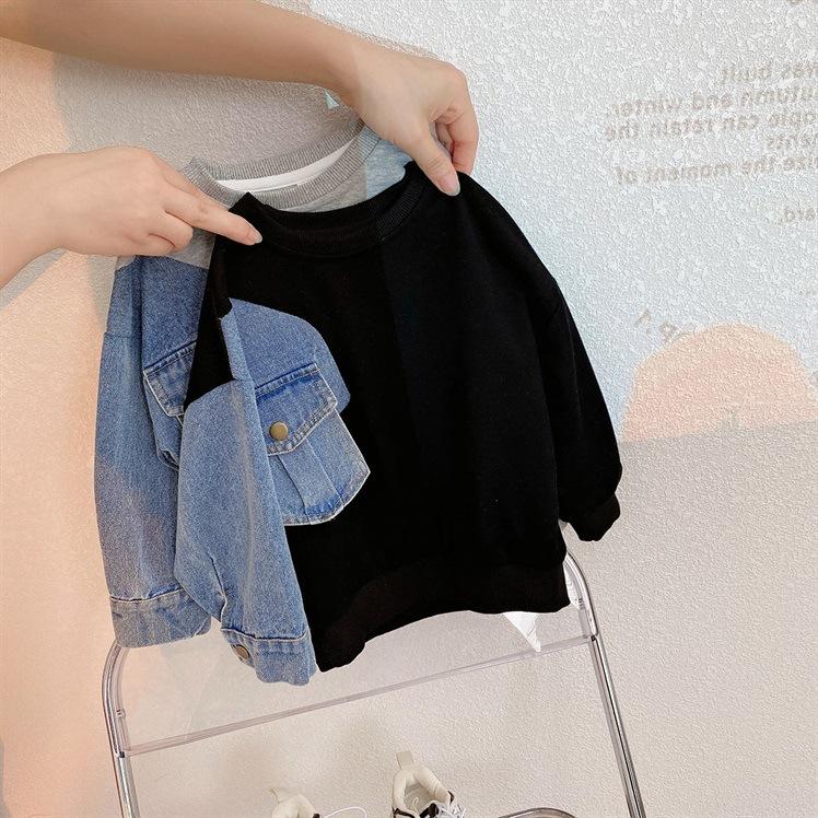Boys Spring and Fall Denim Splicing Loose Sweatshirt Middle and Small Children Round Neck Casual Pullover Shirt