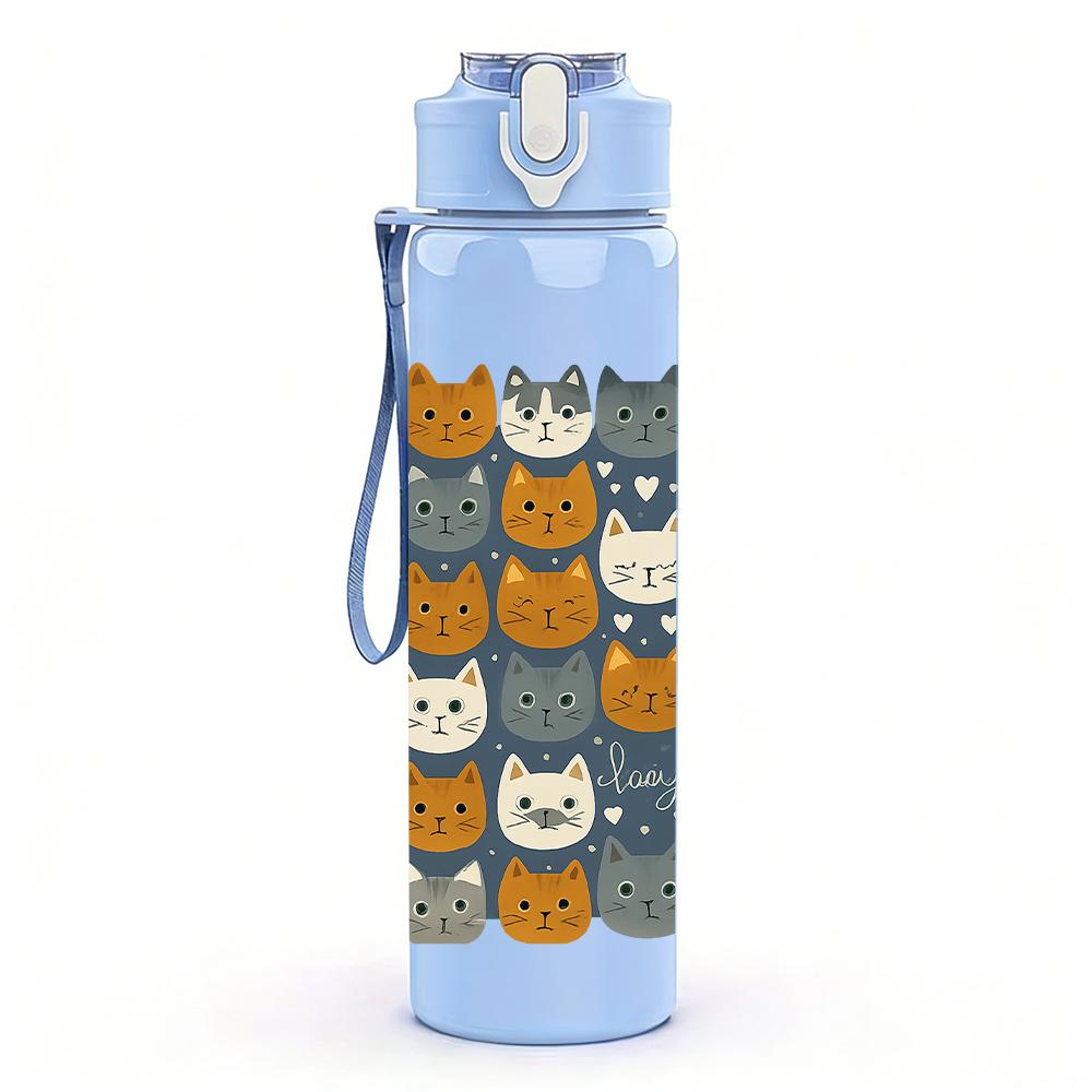 1 PZ Gatto Cartone Animato Layout a Griglia 750ml Colore Plastica Borraccia Sportiva Tappo Flip con Cannuccia Anti-perdita Per Sport Ufficio Uso Domestico