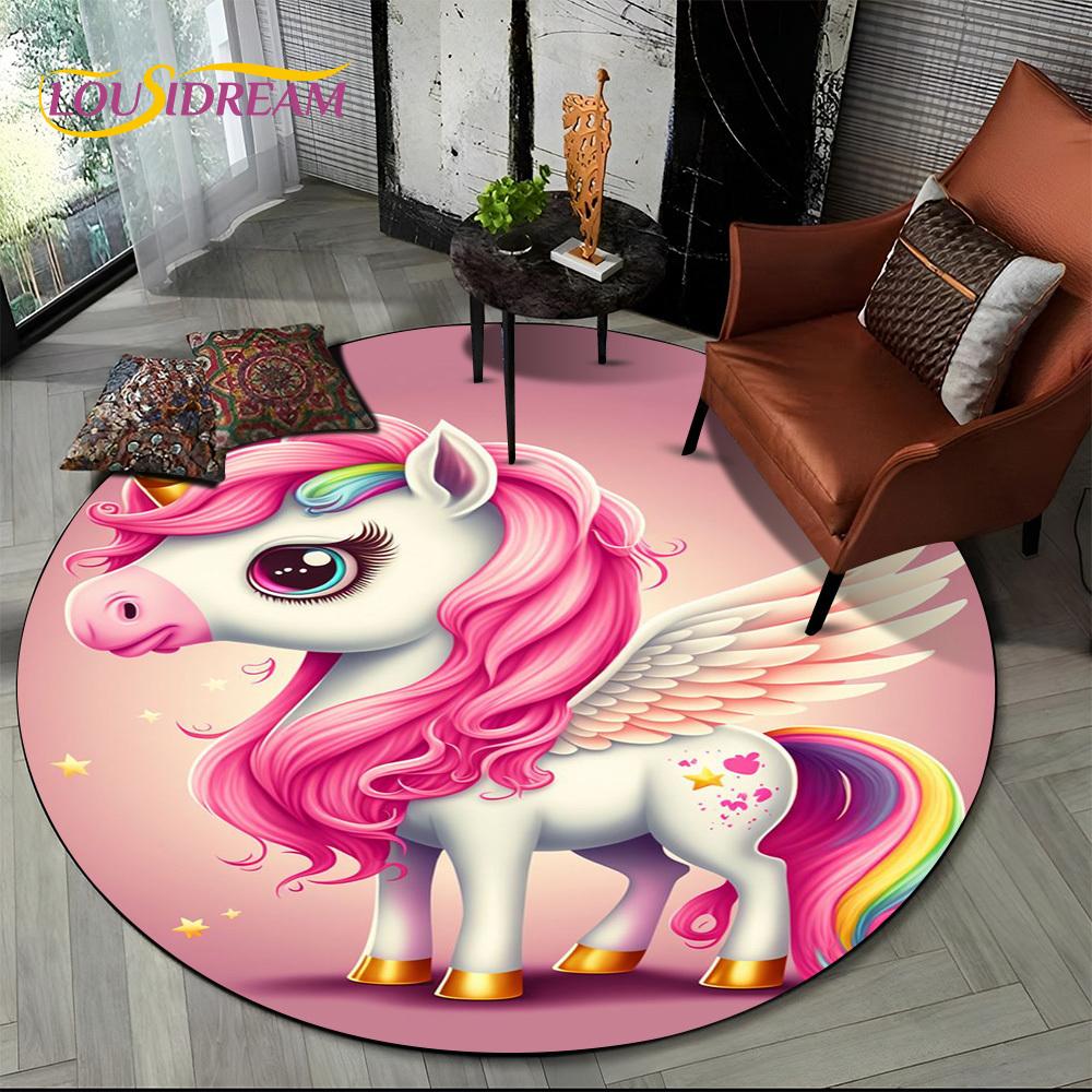 3D Cute Unicorn Cartoon Girl Gift Round Carpet Rug for Living Room Bedroom Child Playroom Decor,Pet Area Rug Non-slip Floor Mat