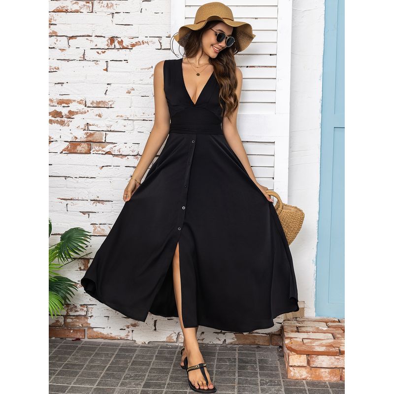 

Summer New Arrival Women s Fashion Style Bohemia Midi Dress Split Deep V Neck Sleeveless Dress Pure Color Lined Black L