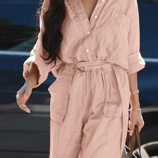 V-neck Buttons Closure Belt Women Jumpsuit Women Casual 3/4 Sleeve Solid Color Cargo Jumpsuit Ladies Outfit