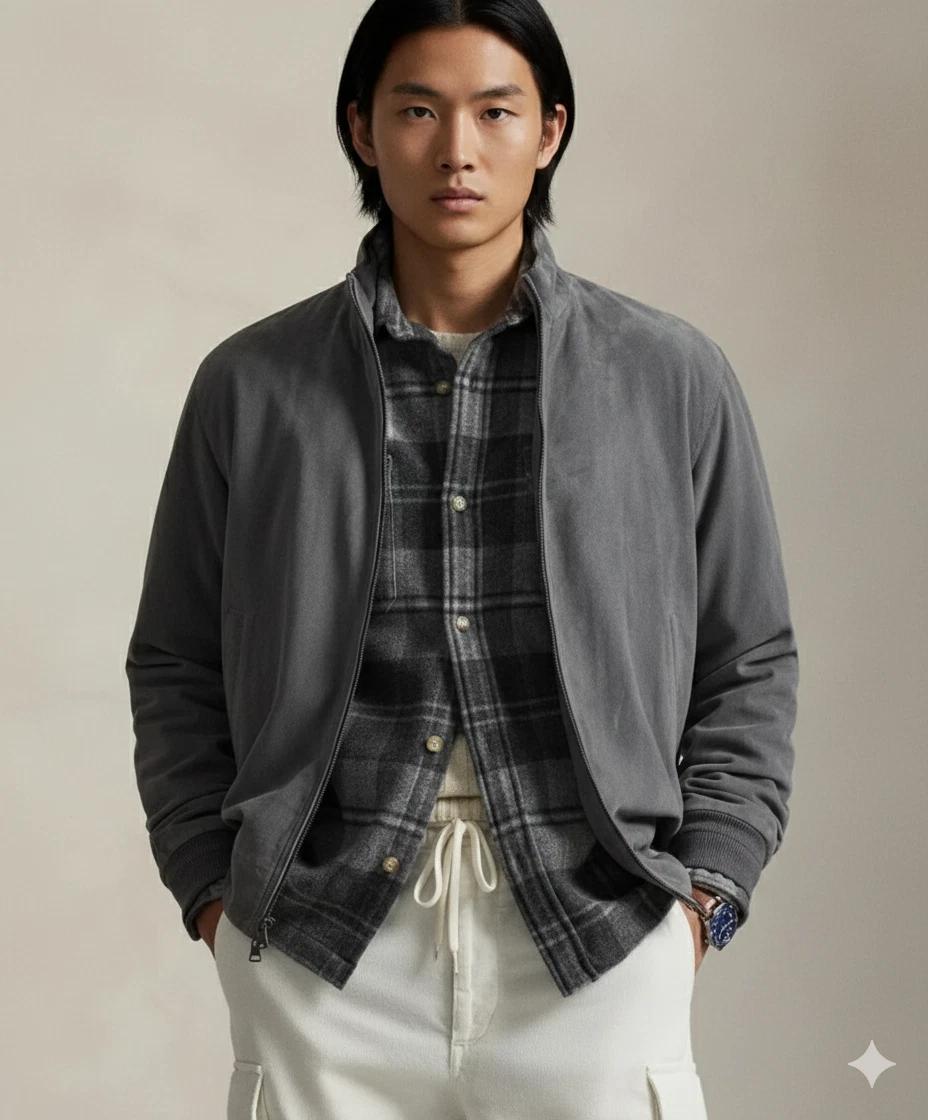 Мужская Чистая Натуральная Посадка Замшевая Кожаная Куртка-Бомбер из Овчины Серая Ручной Работы Байкерская S серый