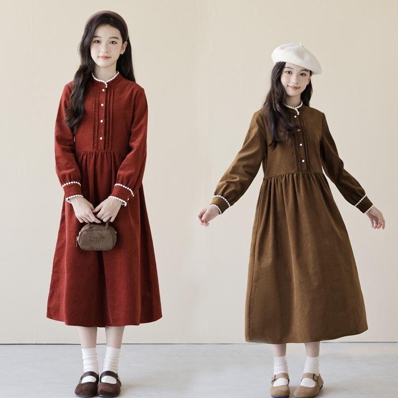 

Платье для девочек в корейском стиле 2025 из вельвета со стойкой - Стильная и милая мода для детей 160 cm коричневый