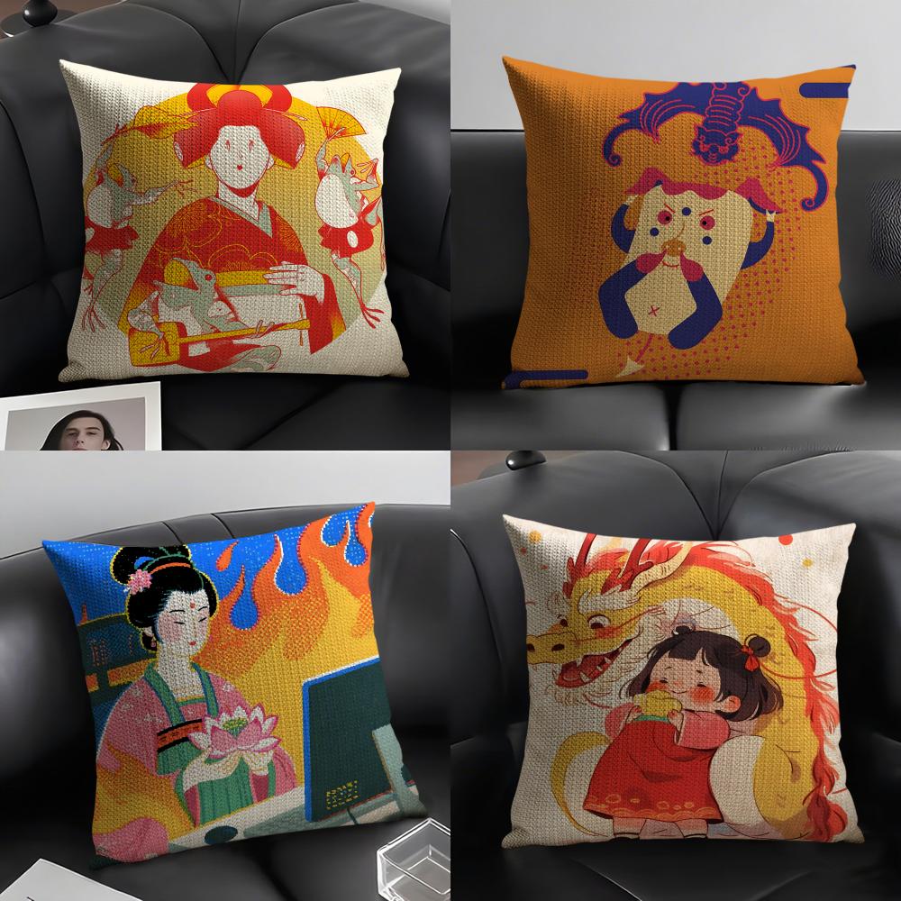 fashing Retro Japanese style prints Pillow Case Natural Linen Double-Sided Printing Sofa Home Decor Cushion Cover
