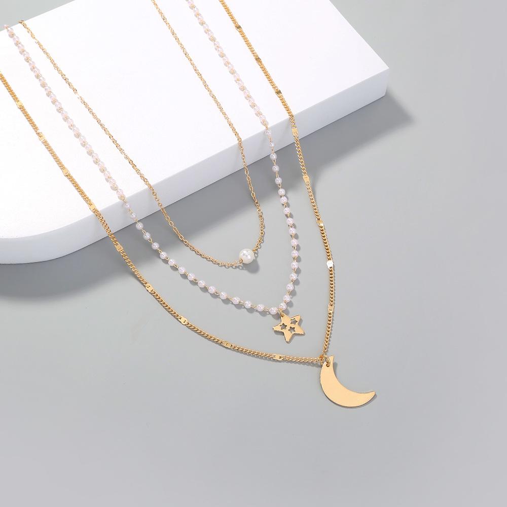 

Minimalist White Faux Pearl & Star-Moon Layered Choker Necklace Set for Women
